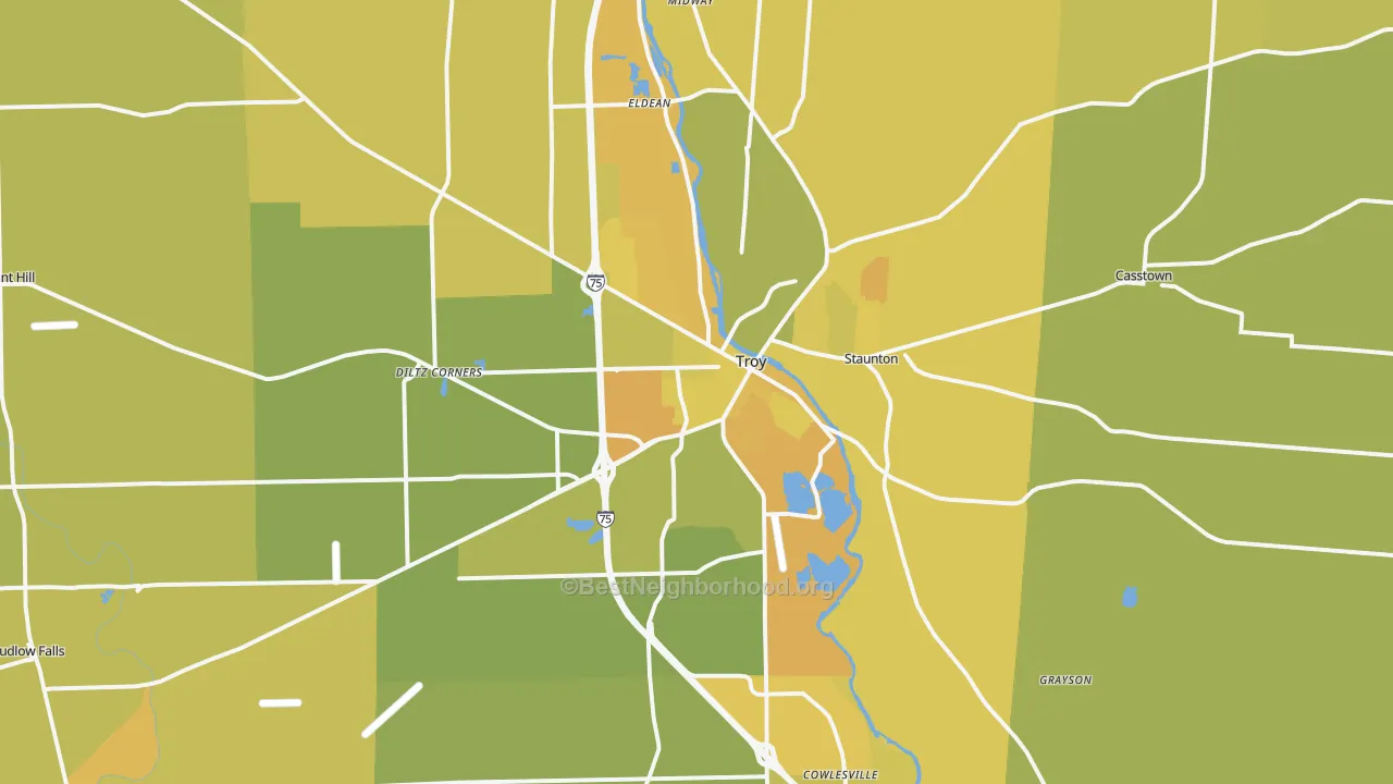 Map of the best neighborhoods in the 45373 area, with better matches in green and worse matches in red