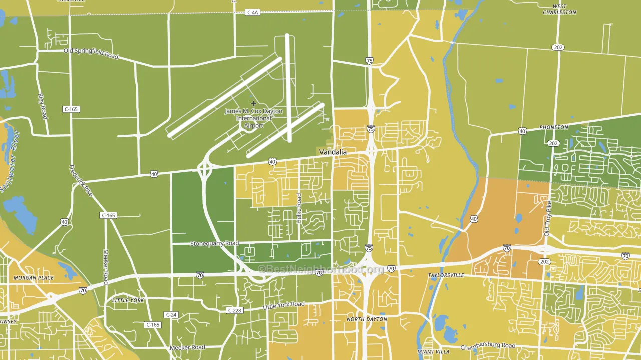 Map of the best neighborhoods in the 45377 area, with better matches in green and worse matches in red