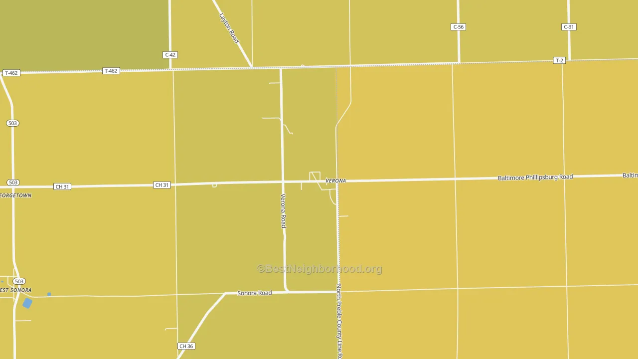 Map of the best neighborhoods in the 45378 area, with better matches in green and worse matches in red