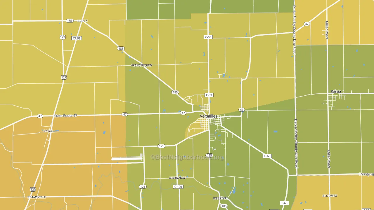 Map of the best neighborhoods in the 45380 area, with better matches in green and worse matches in red