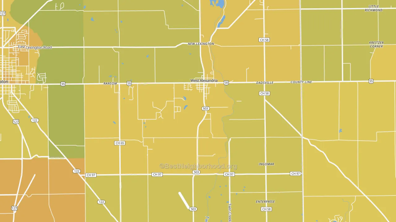 Map of the best neighborhoods in the 45381 area, with better matches in green and worse matches in red
