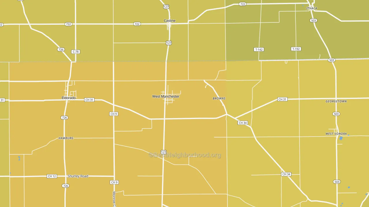 Map of the best neighborhoods in the 45382 area, with better matches in green and worse matches in red