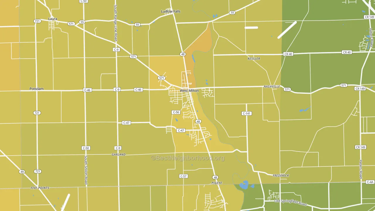 Map of the best neighborhoods in the 45383 area, with better matches in green and worse matches in red