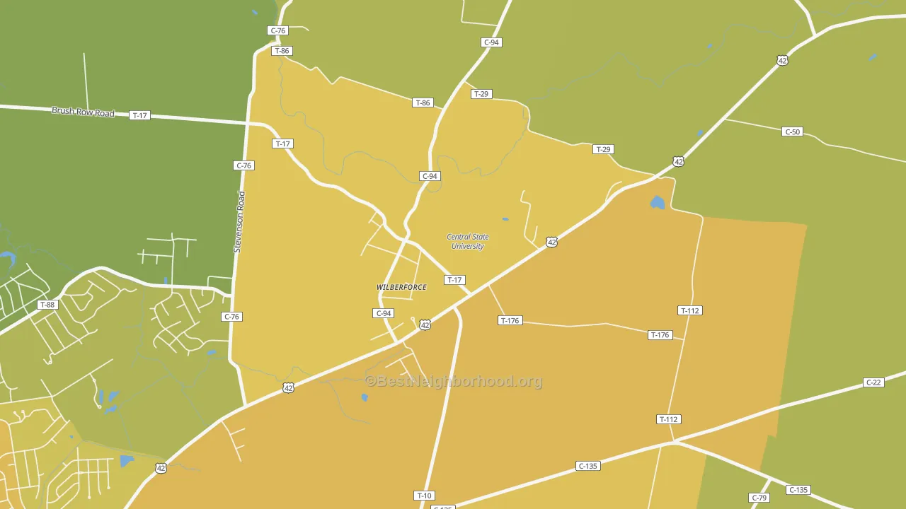 Map of the best neighborhoods in the 45384 area, with better matches in green and worse matches in red