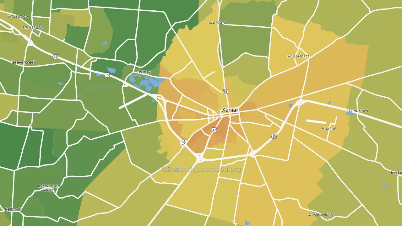 Map of the best neighborhoods in the 45385 area, with better matches in green and worse matches in red
