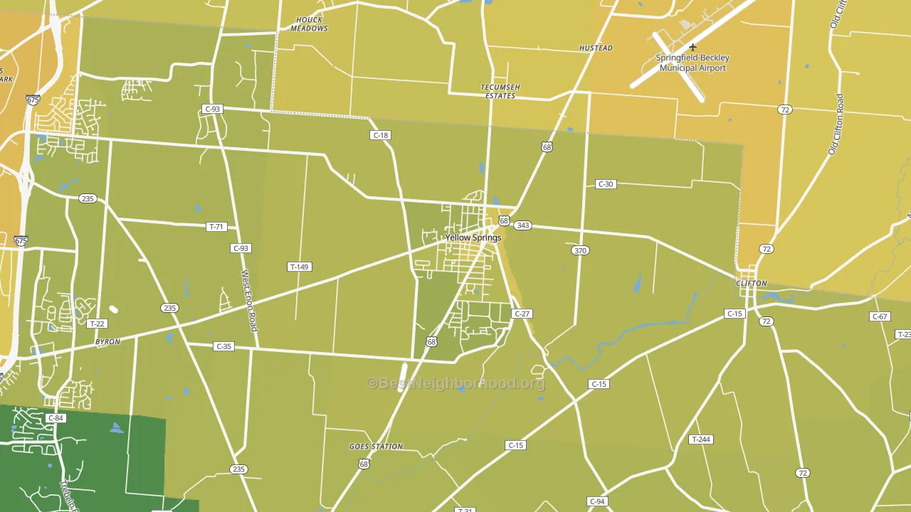 Map of the best neighborhoods in the 45387 area, with better matches in green and worse matches in red