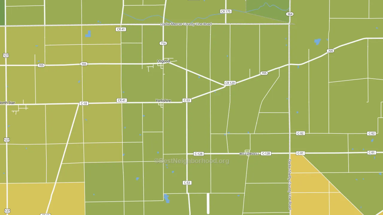 Map of the best neighborhoods in the 45388 area, with better matches in green and worse matches in red