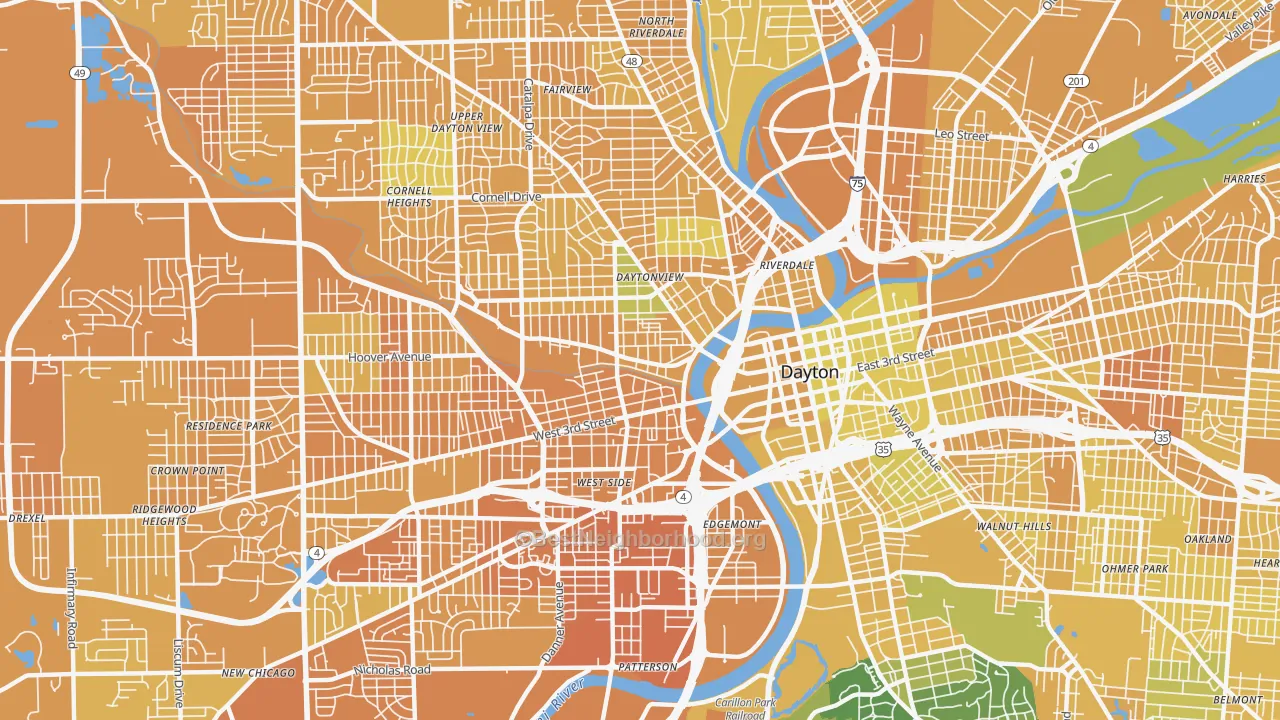 Map of the best neighborhoods in the 45402 area, with better matches in green and worse matches in red