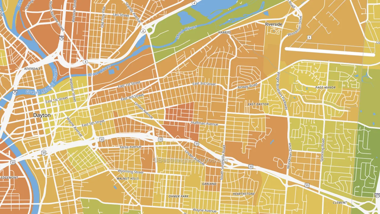 Map of the best neighborhoods in the 45403 area, with better matches in green and worse matches in red