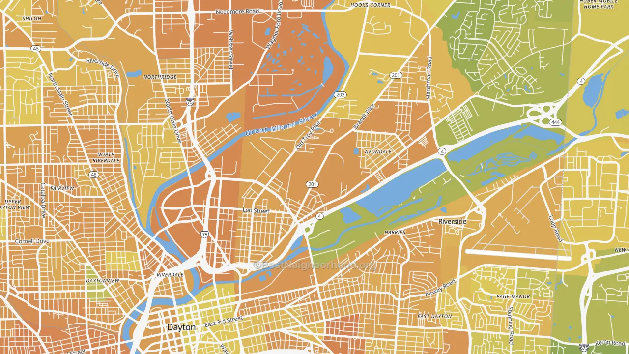 Map of the best neighborhoods in the 45404 area, with better matches in green and worse matches in red