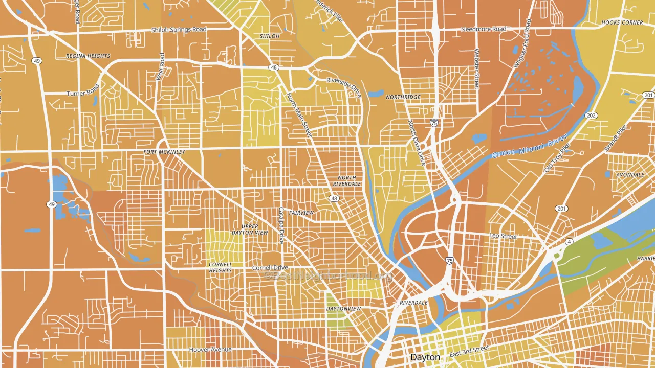 Map of the best neighborhoods in the 45405 area, with better matches in green and worse matches in red