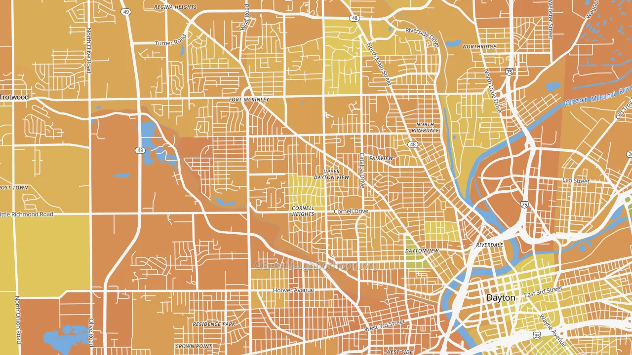 Map of the best neighborhoods in the 45406 area, with better matches in green and worse matches in red