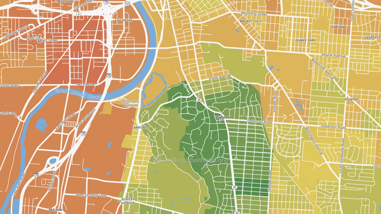 Map of the best neighborhoods in the 45409 area, with better matches in green and worse matches in red