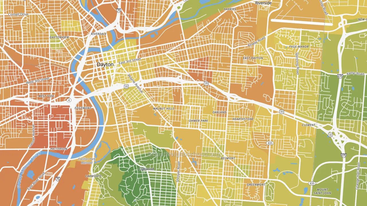 Map of the best neighborhoods in the 45410 area, with better matches in green and worse matches in red