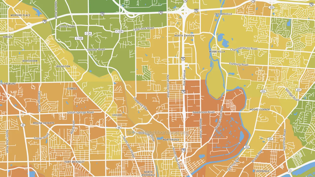 Map of the best neighborhoods in the 45414 area, with better matches in green and worse matches in red