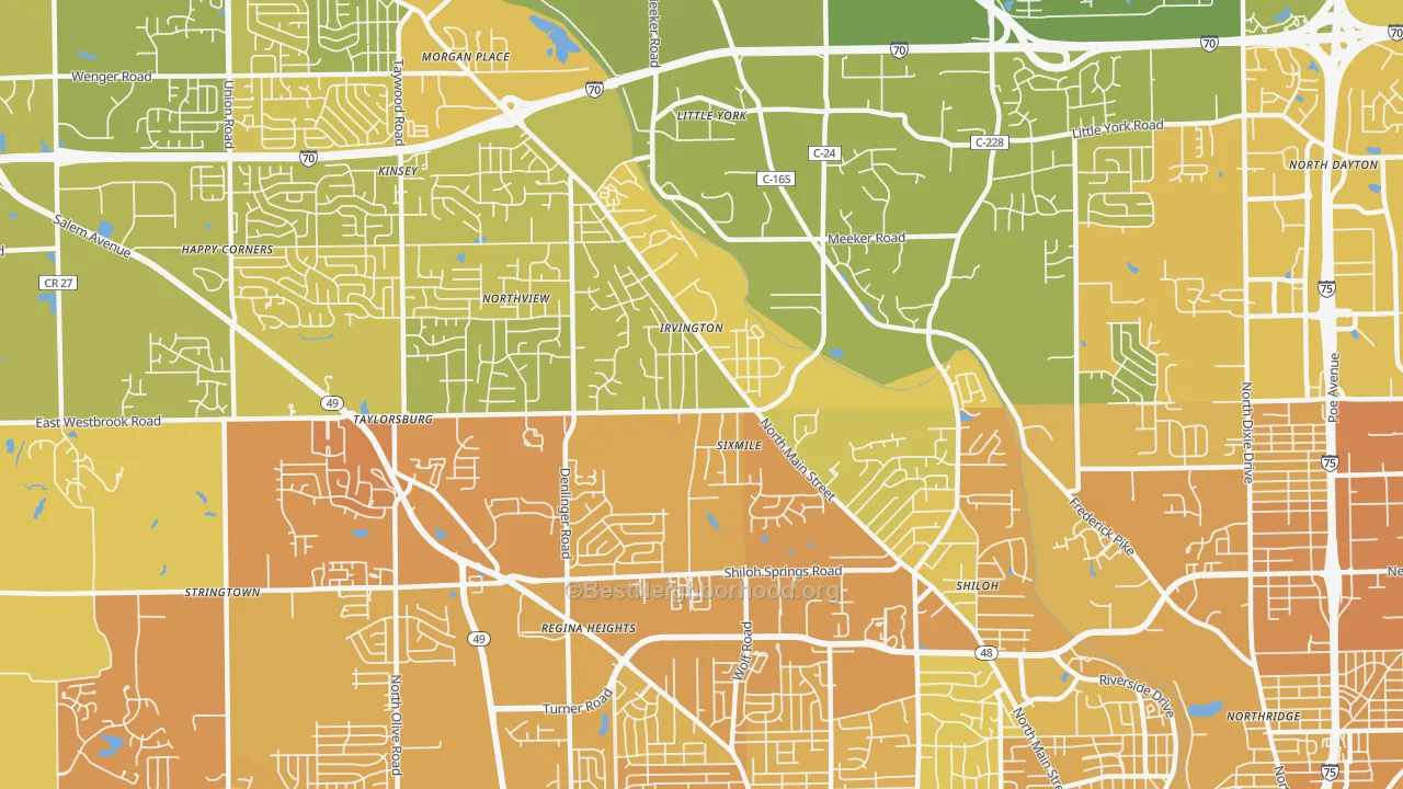 Map of the best neighborhoods in the 45415 area, with better matches in green and worse matches in red