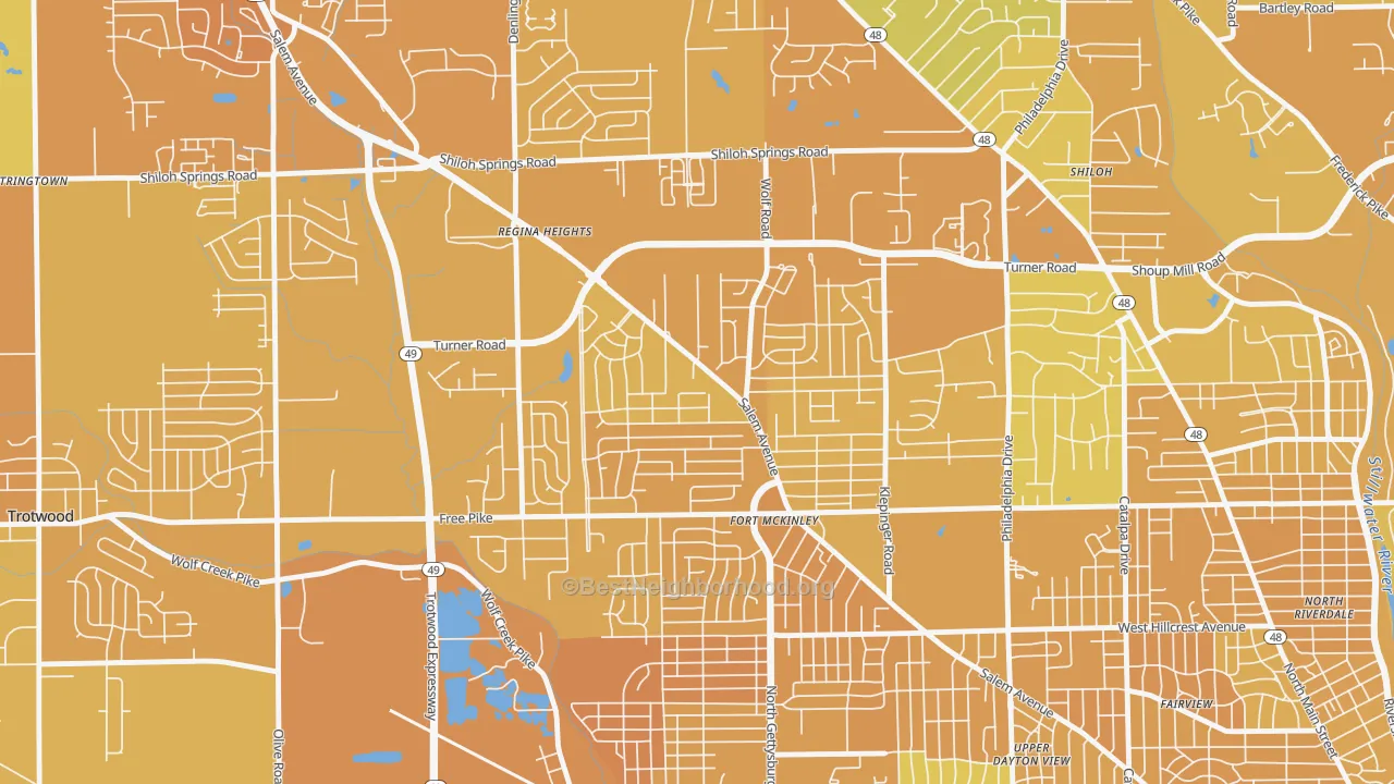 Map of the best neighborhoods in the 45416 area, with better matches in green and worse matches in red