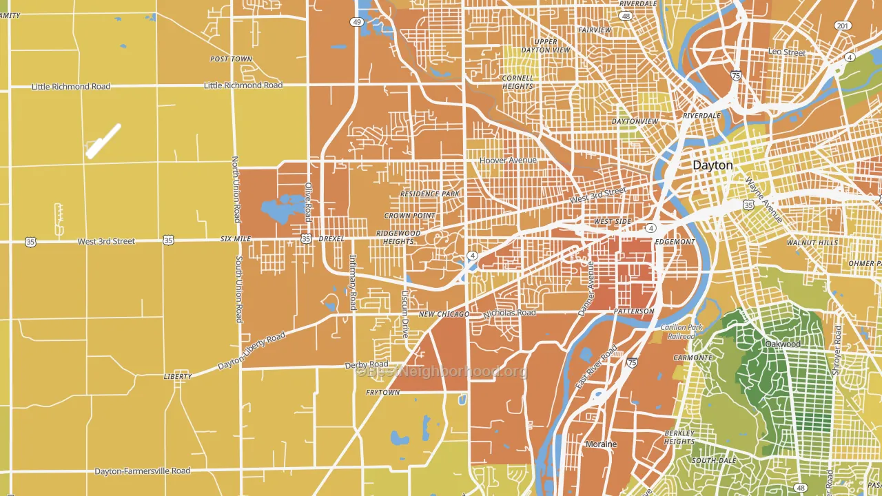 Map of the best neighborhoods in the 45417 area, with better matches in green and worse matches in red