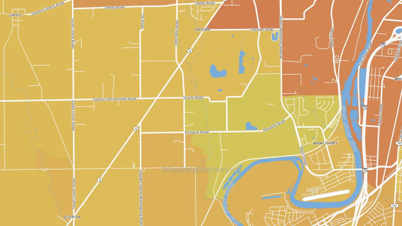 Map of the best neighborhoods in the 45418 area, with better matches in green and worse matches in red