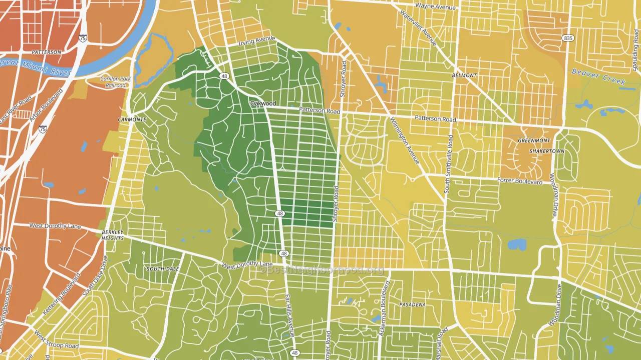 Map of the best neighborhoods in the 45419 area, with better matches in green and worse matches in red