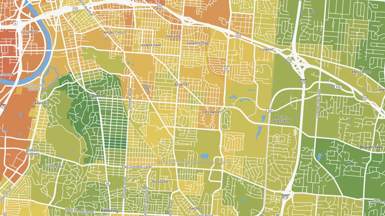 Map of the best neighborhoods in the 45420 area, with better matches in green and worse matches in red