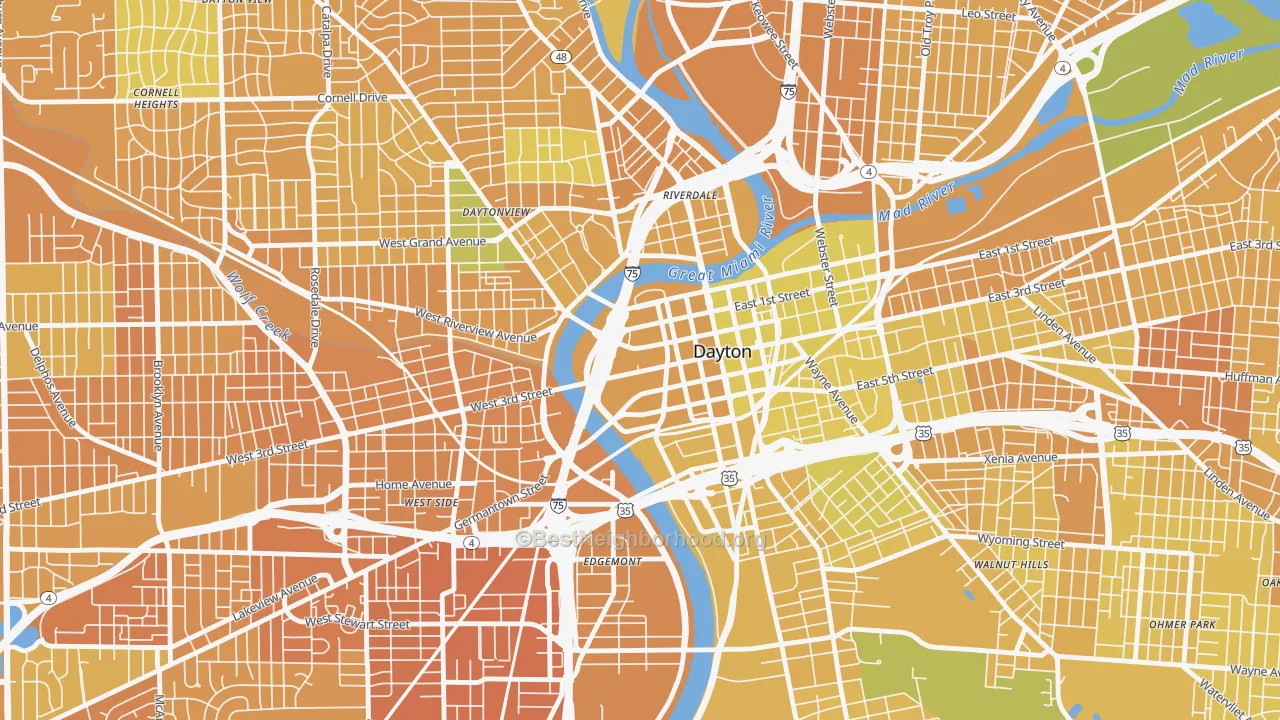 Map of the best neighborhoods in the 45422 area, with better matches in green and worse matches in red