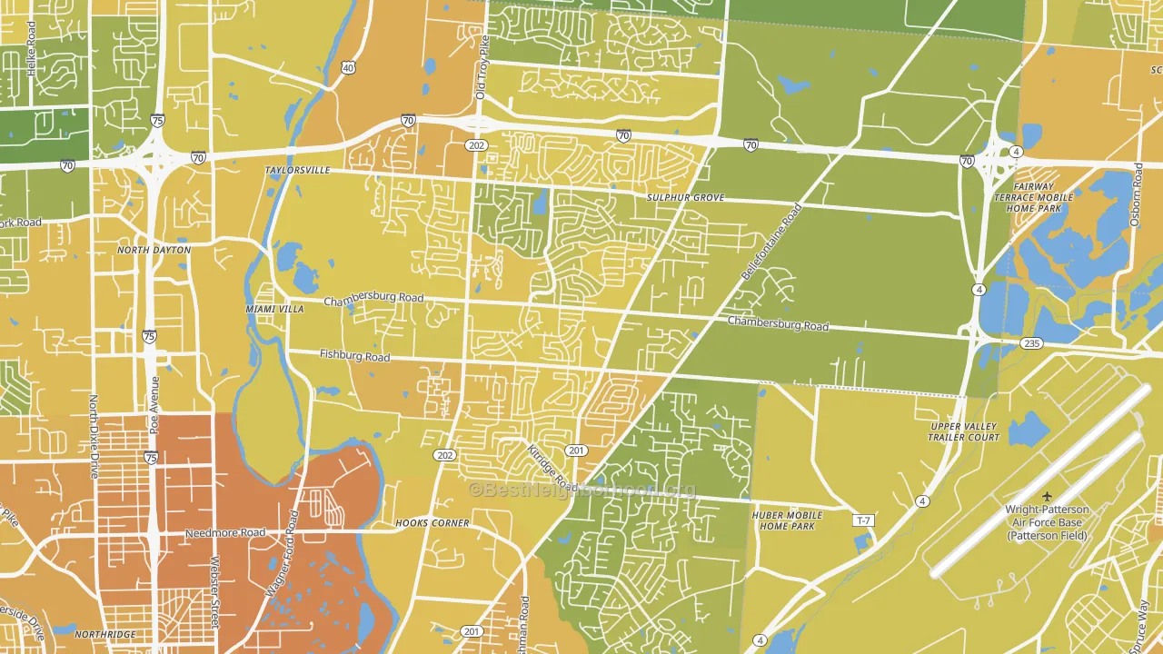 Map of the best neighborhoods in the 45424 area, with better matches in green and worse matches in red