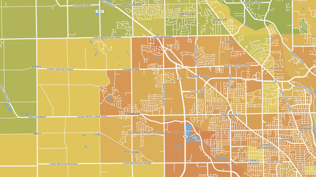 Map of the best neighborhoods in the 45426 area, with better matches in green and worse matches in red