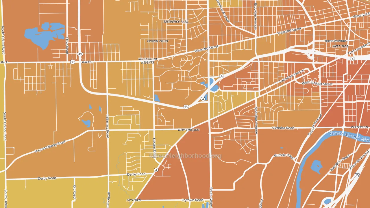 Map of the best neighborhoods in the 45428 area, with better matches in green and worse matches in red