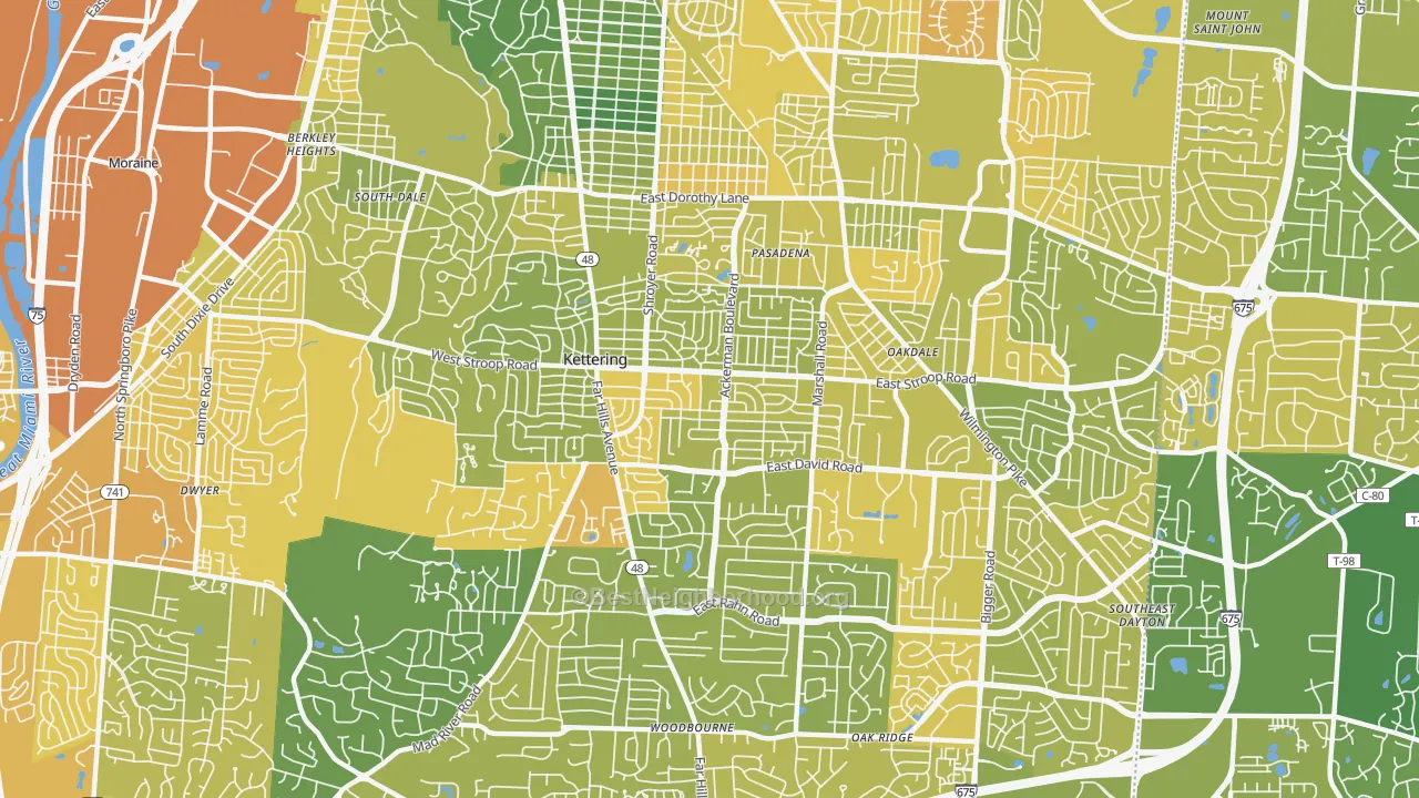 Map of the best neighborhoods in the 45429 area, with better matches in green and worse matches in red