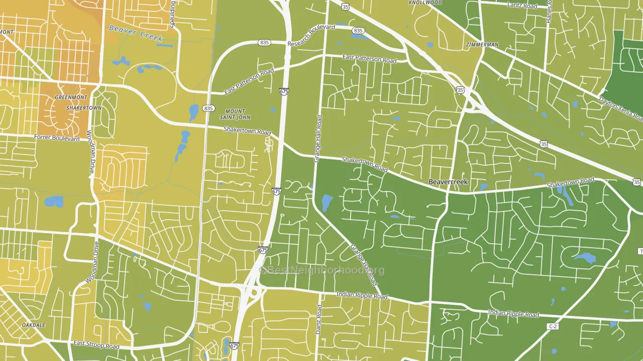 Map of the best neighborhoods in the 45430 area, with better matches in green and worse matches in red