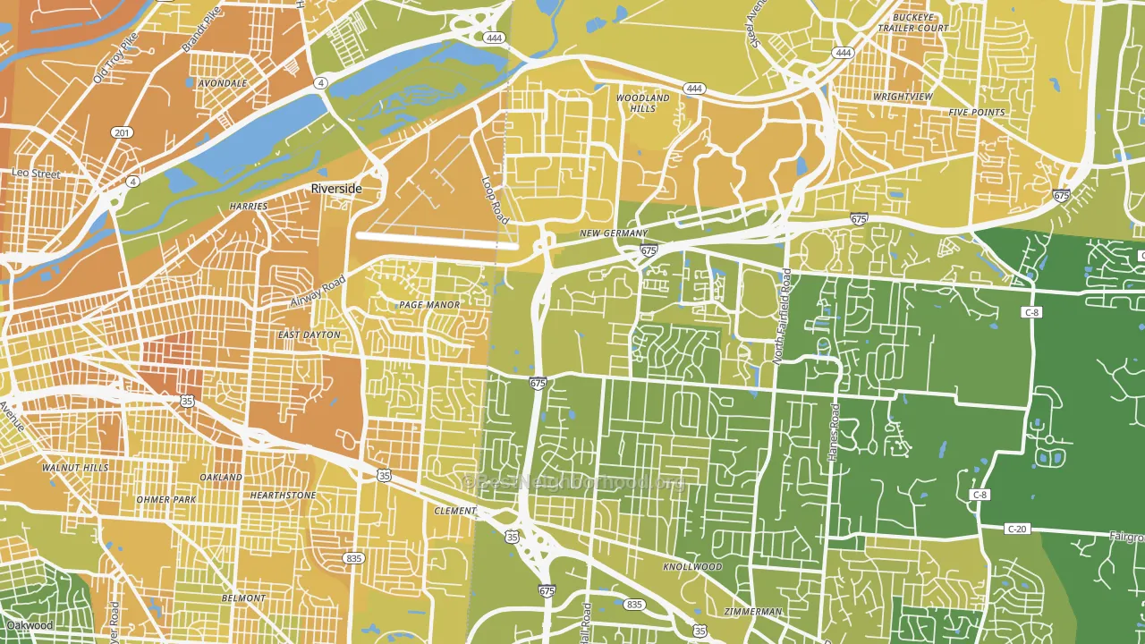Map of the best neighborhoods in the 45431 area, with better matches in green and worse matches in red