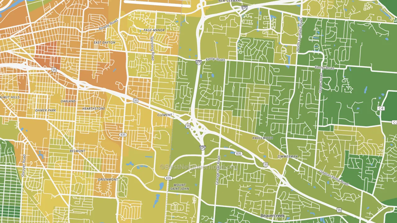 Map of the best neighborhoods in the 45432 area, with better matches in green and worse matches in red