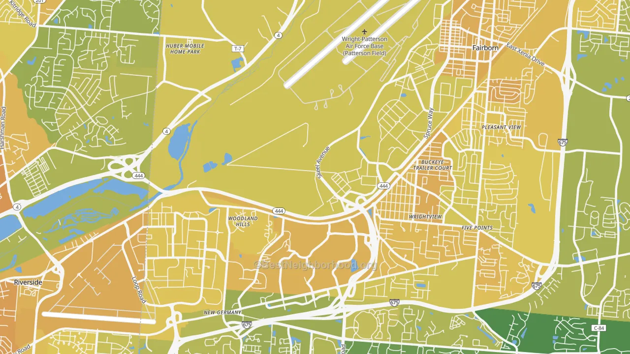 Map of the best neighborhoods in the 45433 area, with better matches in green and worse matches in red