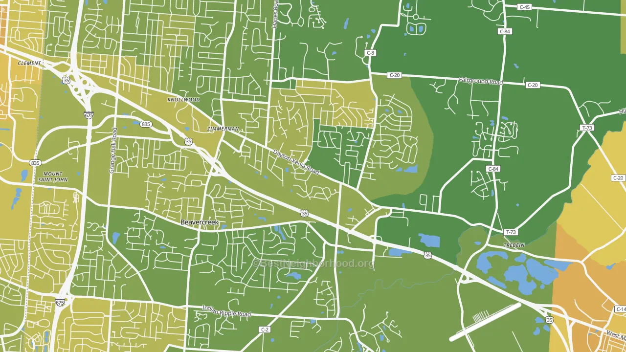 Map of the best neighborhoods in the 45434 area, with better matches in green and worse matches in red
