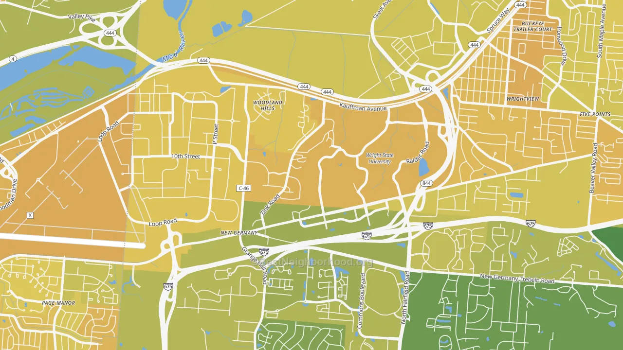 Map of the best neighborhoods in the 45435 area, with better matches in green and worse matches in red