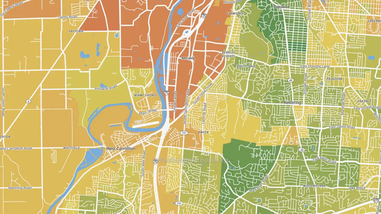 Map of the best neighborhoods in the 45439 area, with better matches in green and worse matches in red