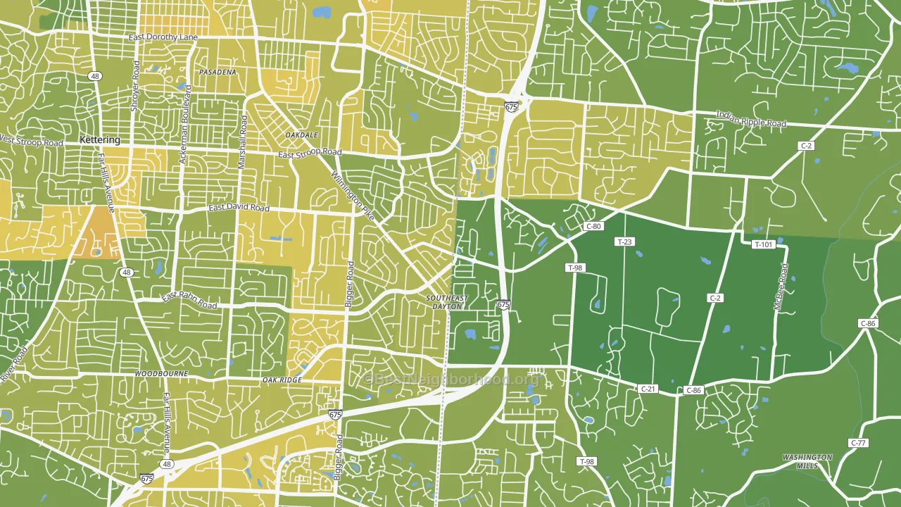 Map of the best neighborhoods in the 45440 area, with better matches in green and worse matches in red