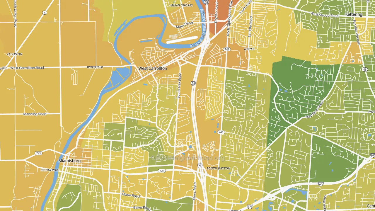 Map of the best neighborhoods in the 45449 area, with better matches in green and worse matches in red