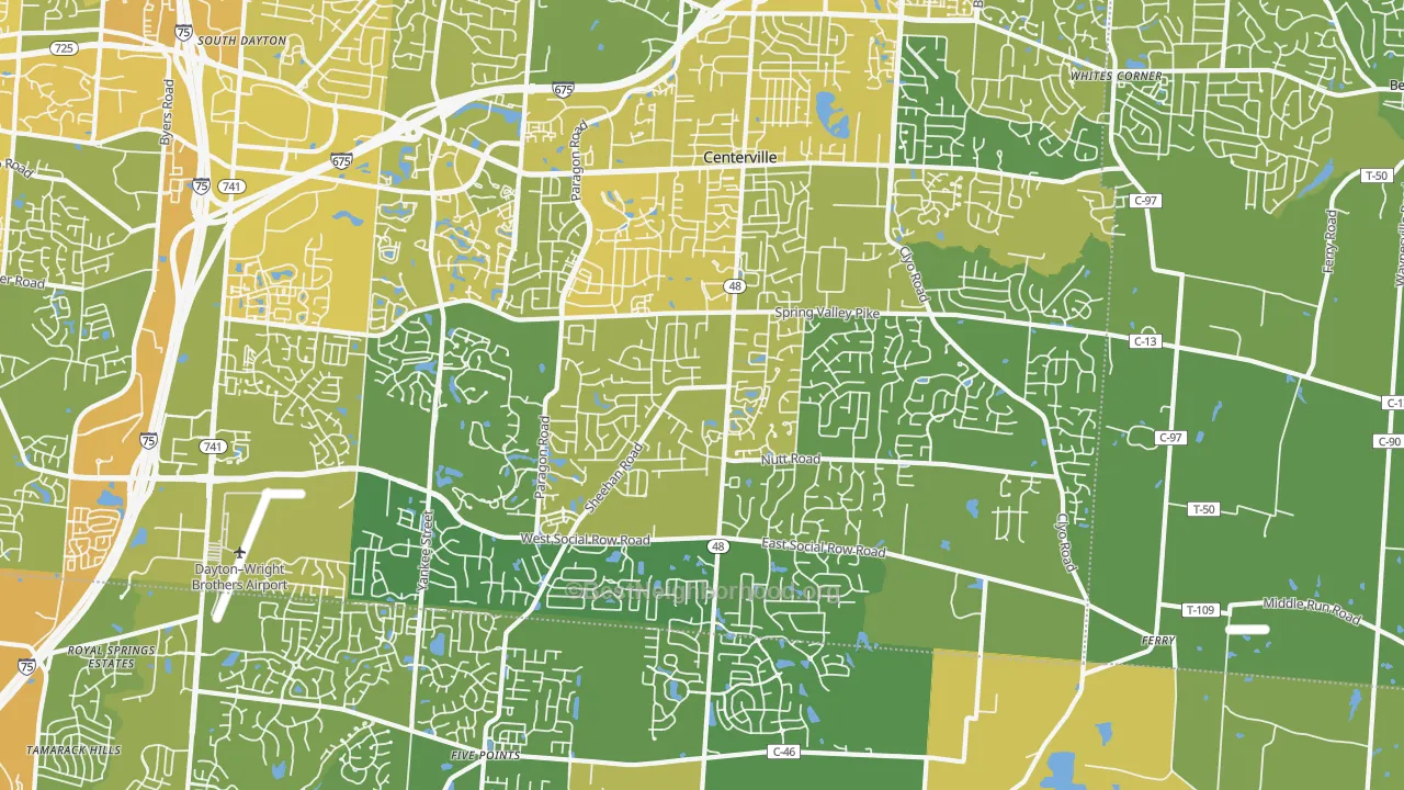 Map of the best neighborhoods in the 45458 area, with better matches in green and worse matches in red