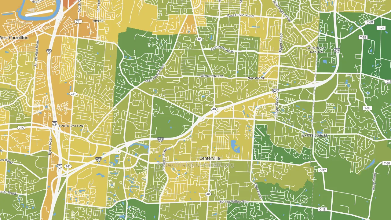 Map of the best neighborhoods in the 45459 area, with better matches in green and worse matches in red