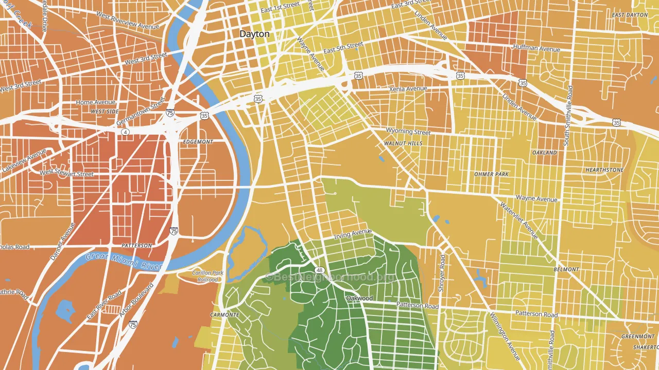 Map of the best neighborhoods in the 45469 area, with better matches in green and worse matches in red
