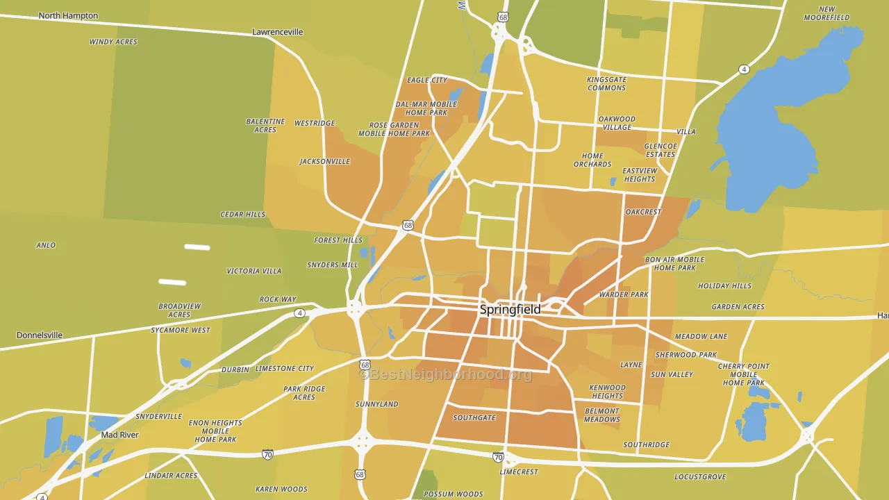 Map of the best neighborhoods in the 45502 area, with better matches in green and worse matches in red