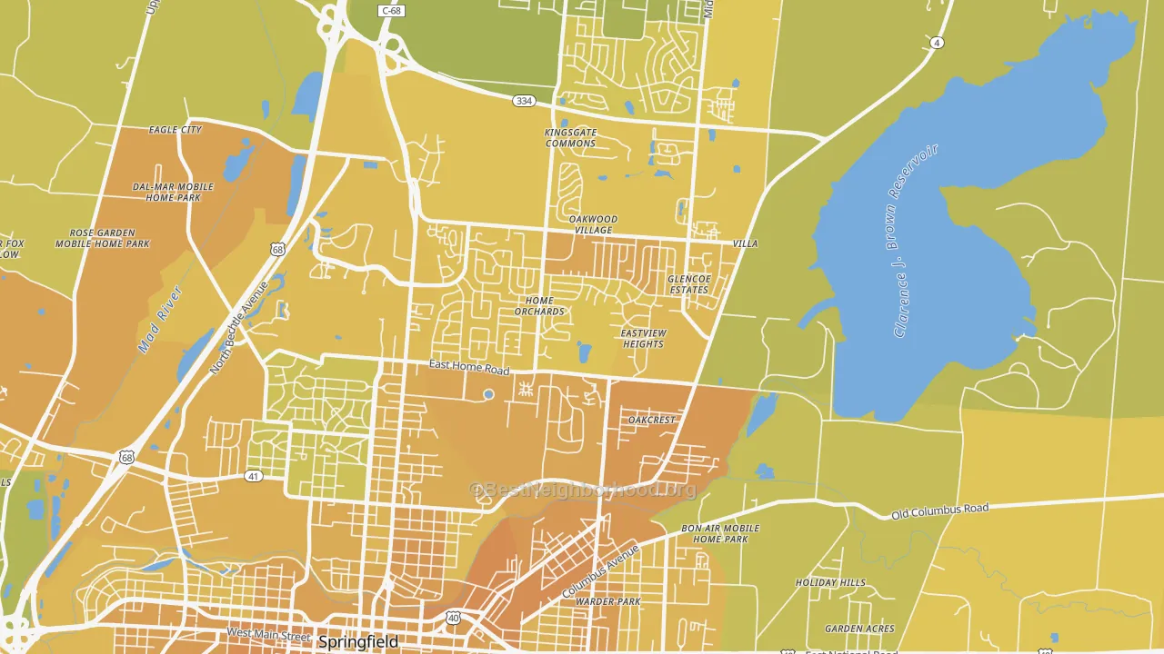 Map of the best neighborhoods in the 45503 area, with better matches in green and worse matches in red
