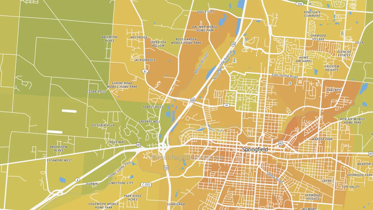 Map of the best neighborhoods in the 45504 area, with better matches in green and worse matches in red