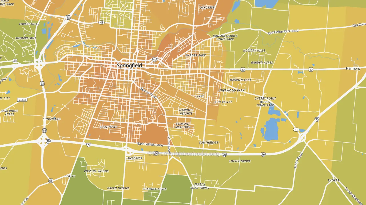 Map of the best neighborhoods in the 45505 area, with better matches in green and worse matches in red