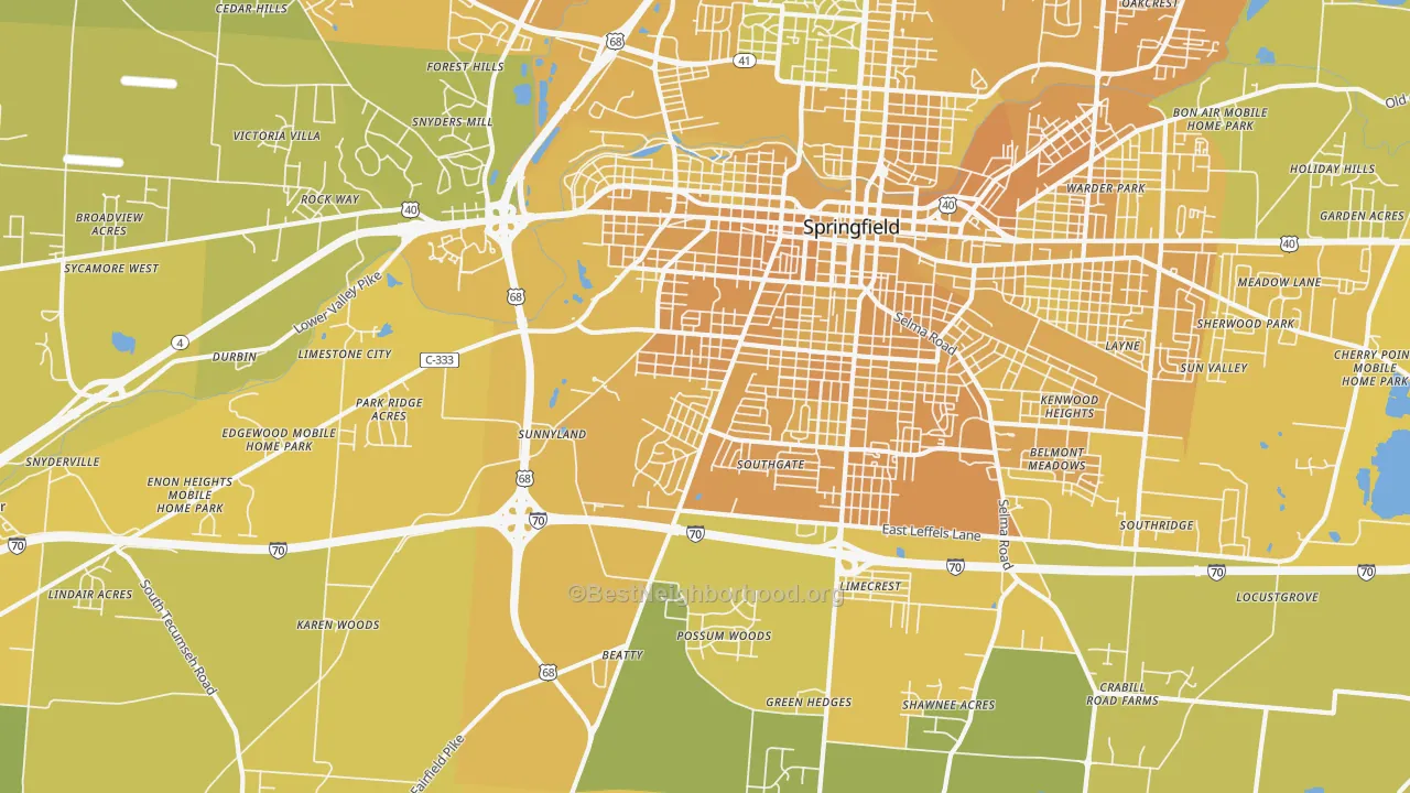 Map of the best neighborhoods in the 45506 area, with better matches in green and worse matches in red