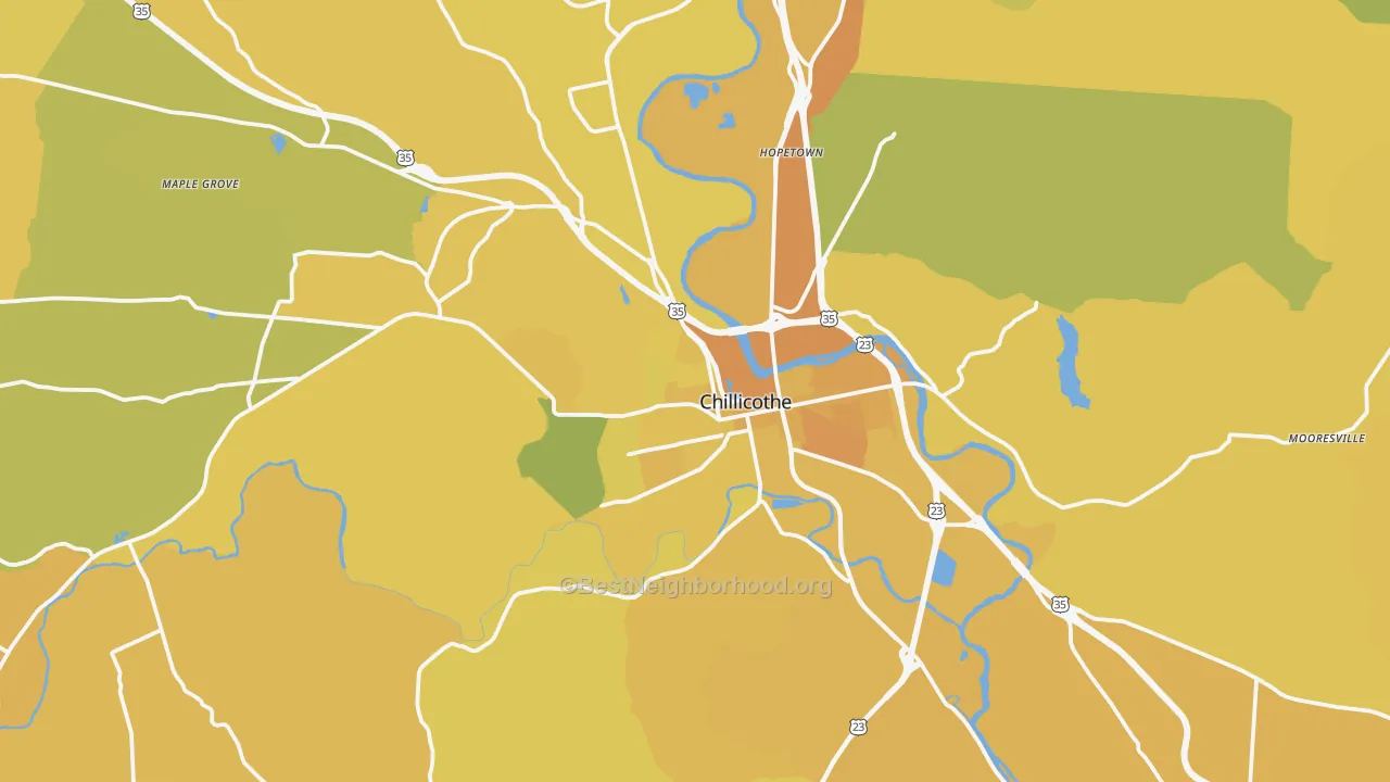 Map of the best neighborhoods in the 45601 area, with better matches in green and worse matches in red