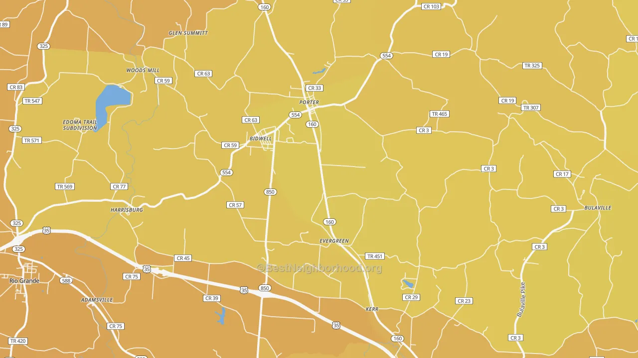 Map of the best neighborhoods in the 45614 area, with better matches in green and worse matches in red