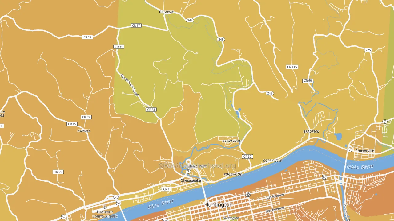 Map of the best neighborhoods in the 45619 area, with better matches in green and worse matches in red